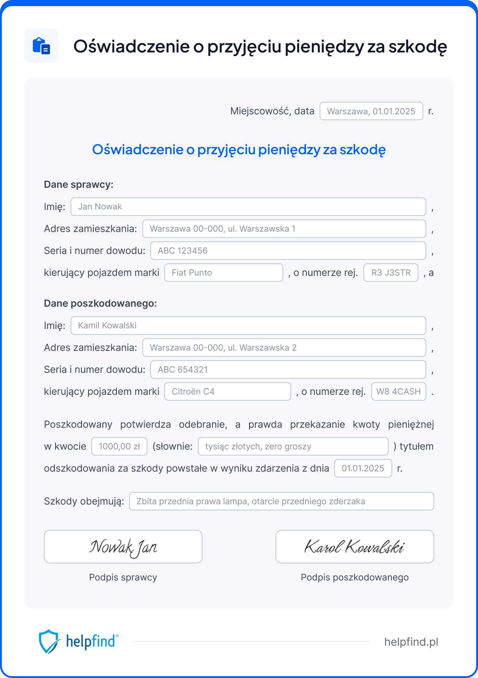 oświadczenie o przyjęciu pieniędzy za szkodę wzór