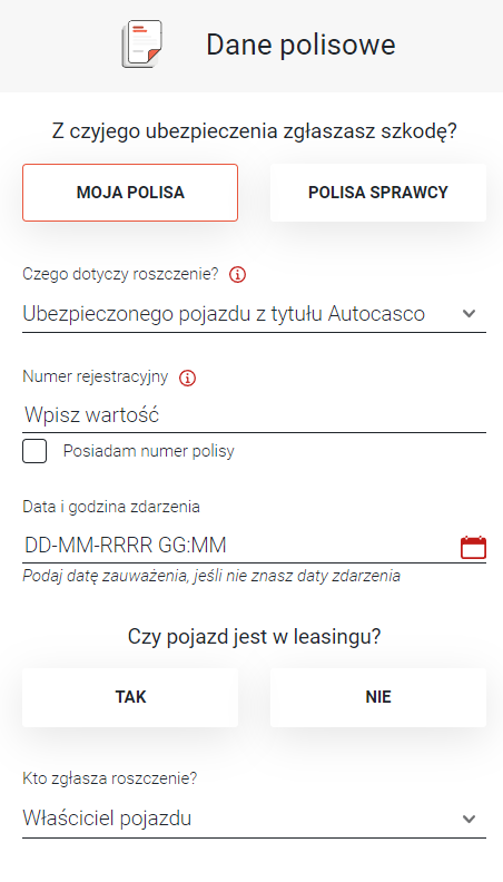 Formularz zgłoszenia szkody Generali dane polisowe